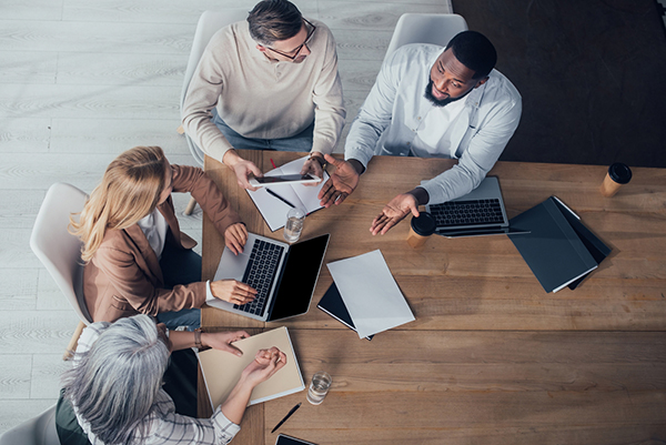 Overhead view of a team working together.
