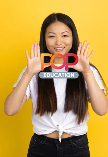 Woman holding Pop Education logo