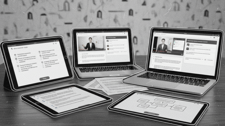 rto online training - digital learning resources on a desk, including tablets, laptops, interactive exercises, video modules, and simulated workplace scenarios